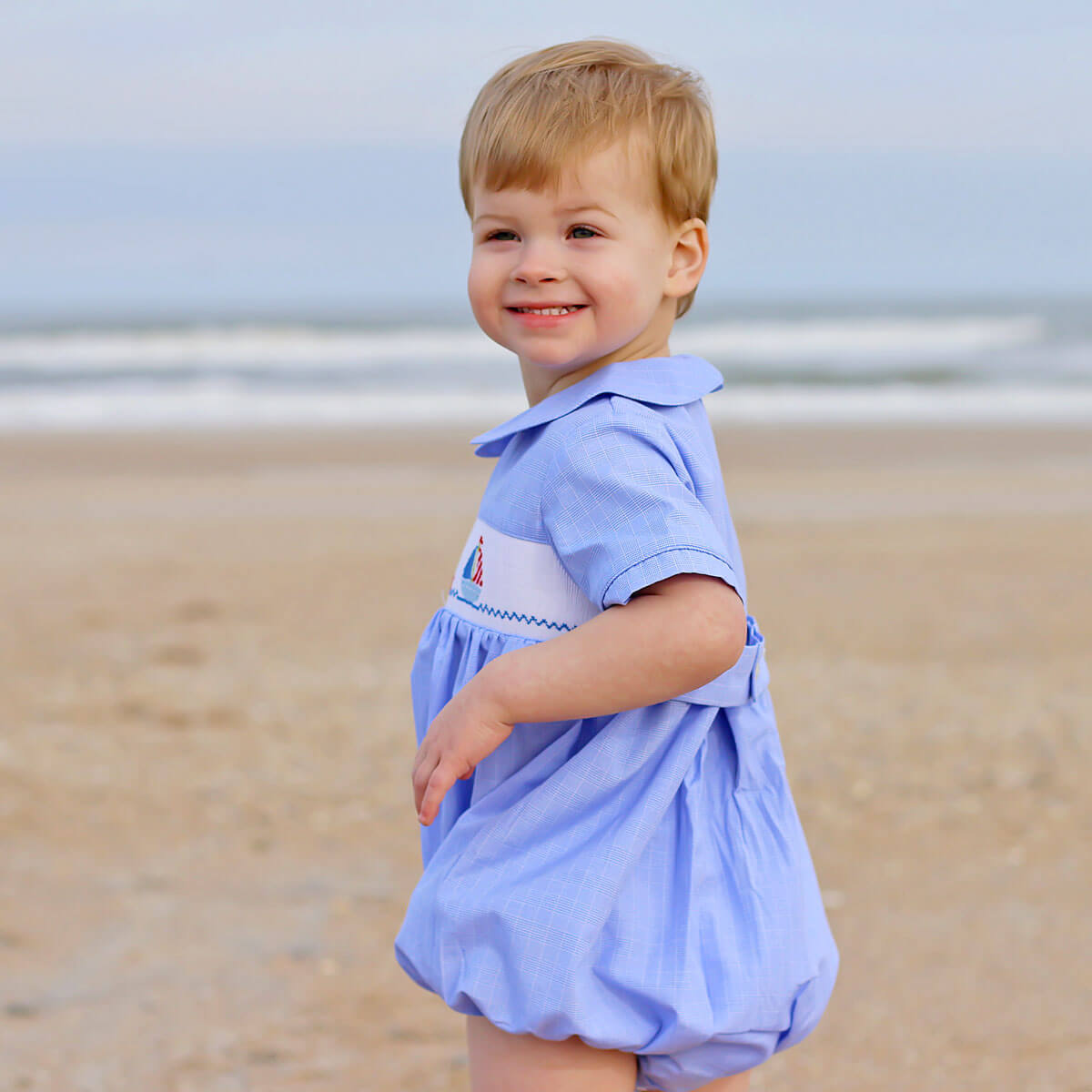Sailing Away Blue Plaid Smocked Collared Bubble