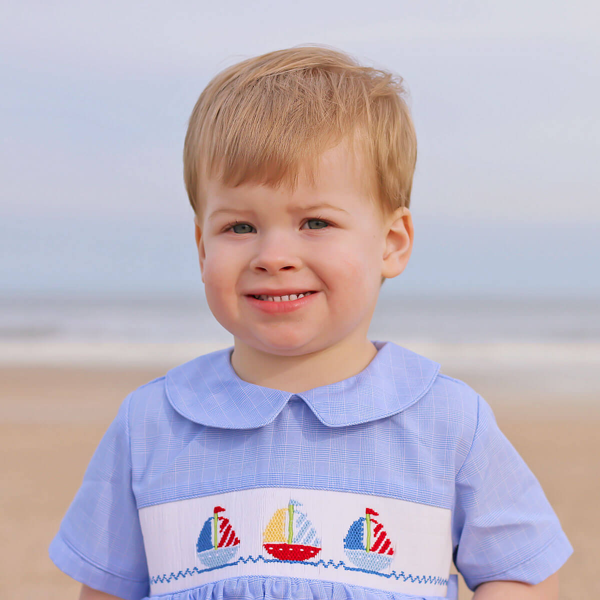Sailing Away Blue Plaid Smocked Collared Bubble