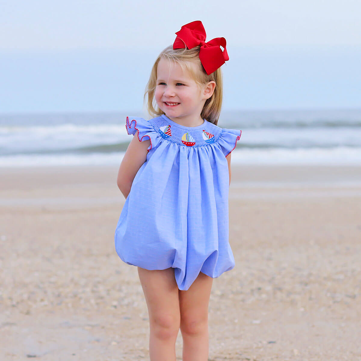 Sailing Away Blue Plaid Smocked Angel Sleeve Bubble