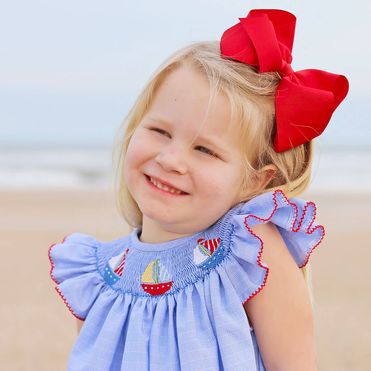 Sailing Away Blue Plaid Smocked Angel Sleeve Bubble