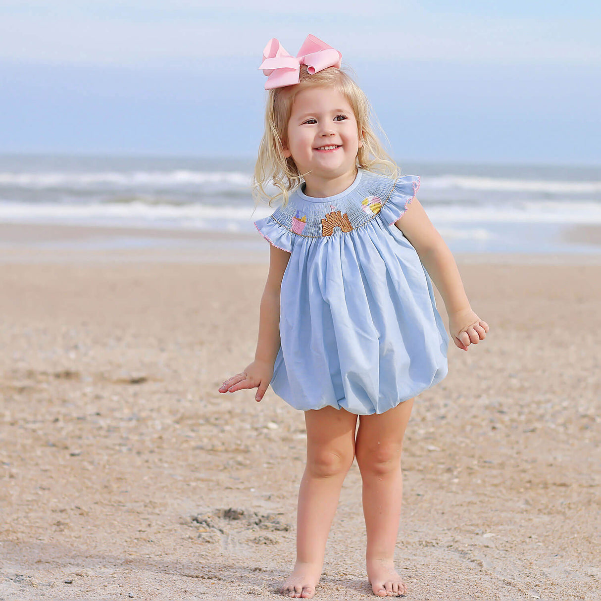 Beach Baby Light Blue Smocked Angel Sleeve Bubble