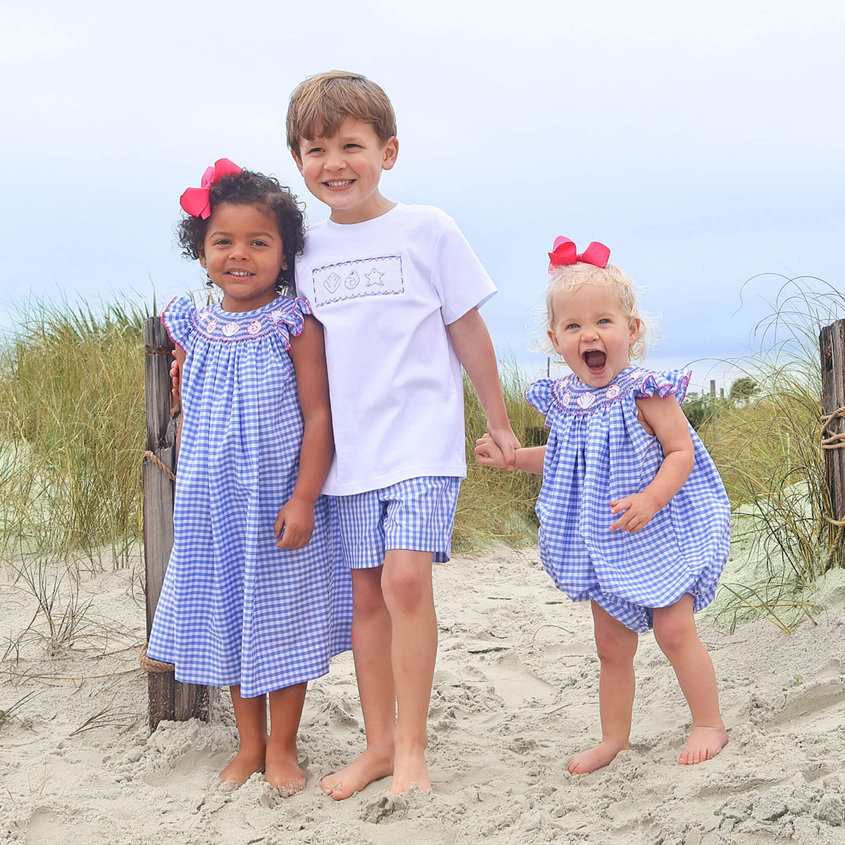 Seashells Paradise Smocked Blue Gingham Angel Sleeve Bubble