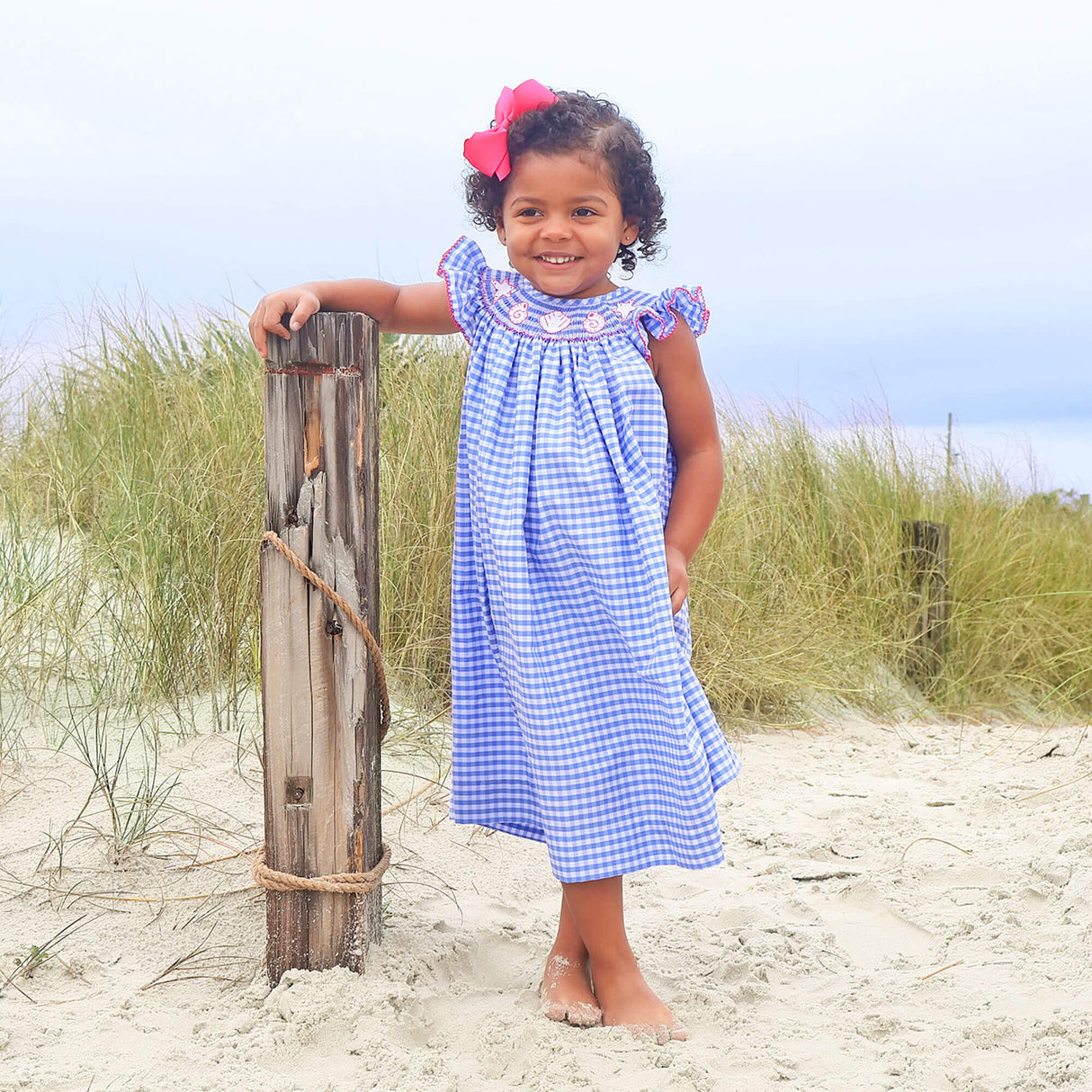 Seashells Paradise Smocked Blue Gingham Angel Sleeve Dress