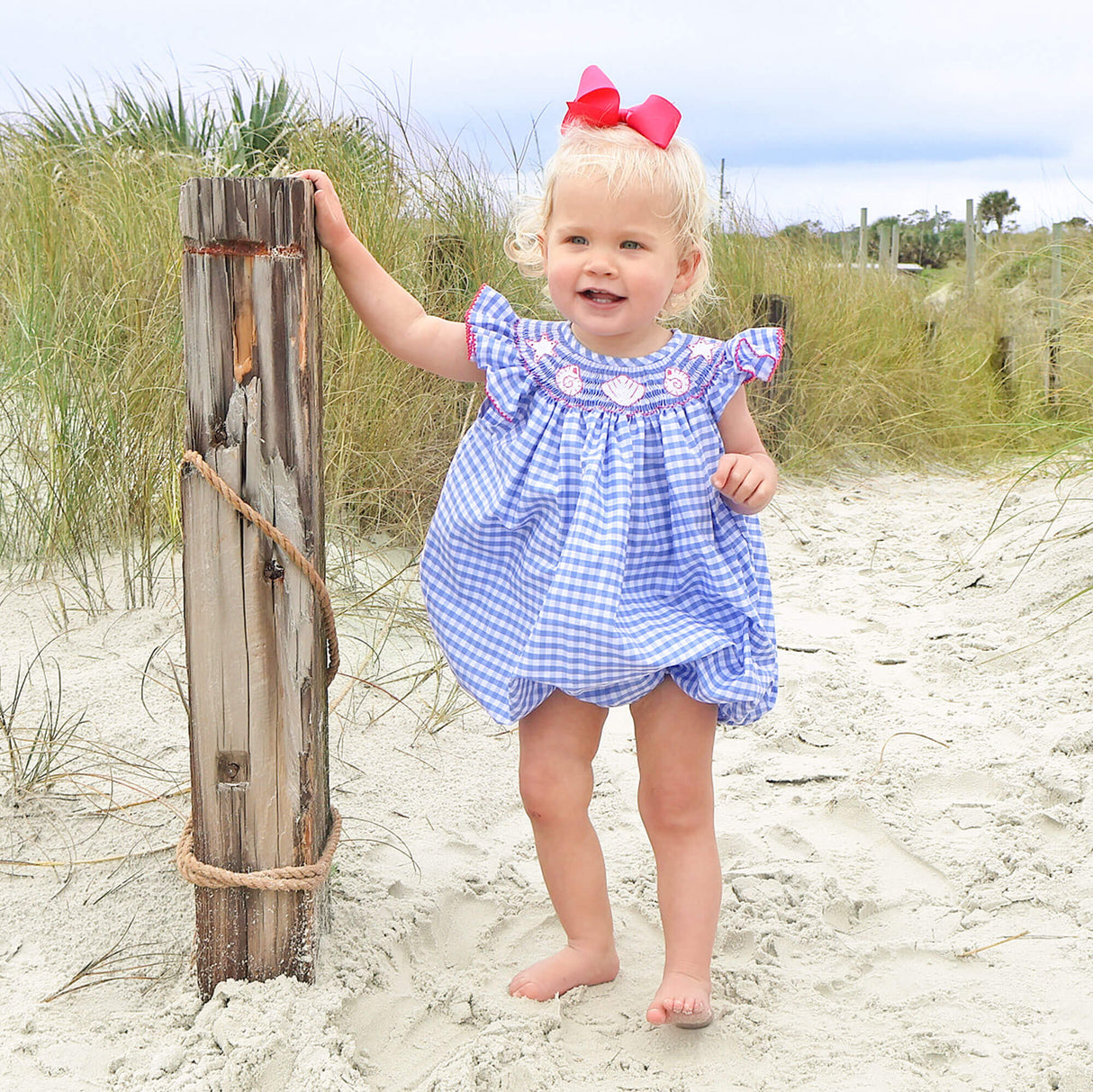 Seashells Paradise Smocked Blue Gingham Angel Sleeve Bubble