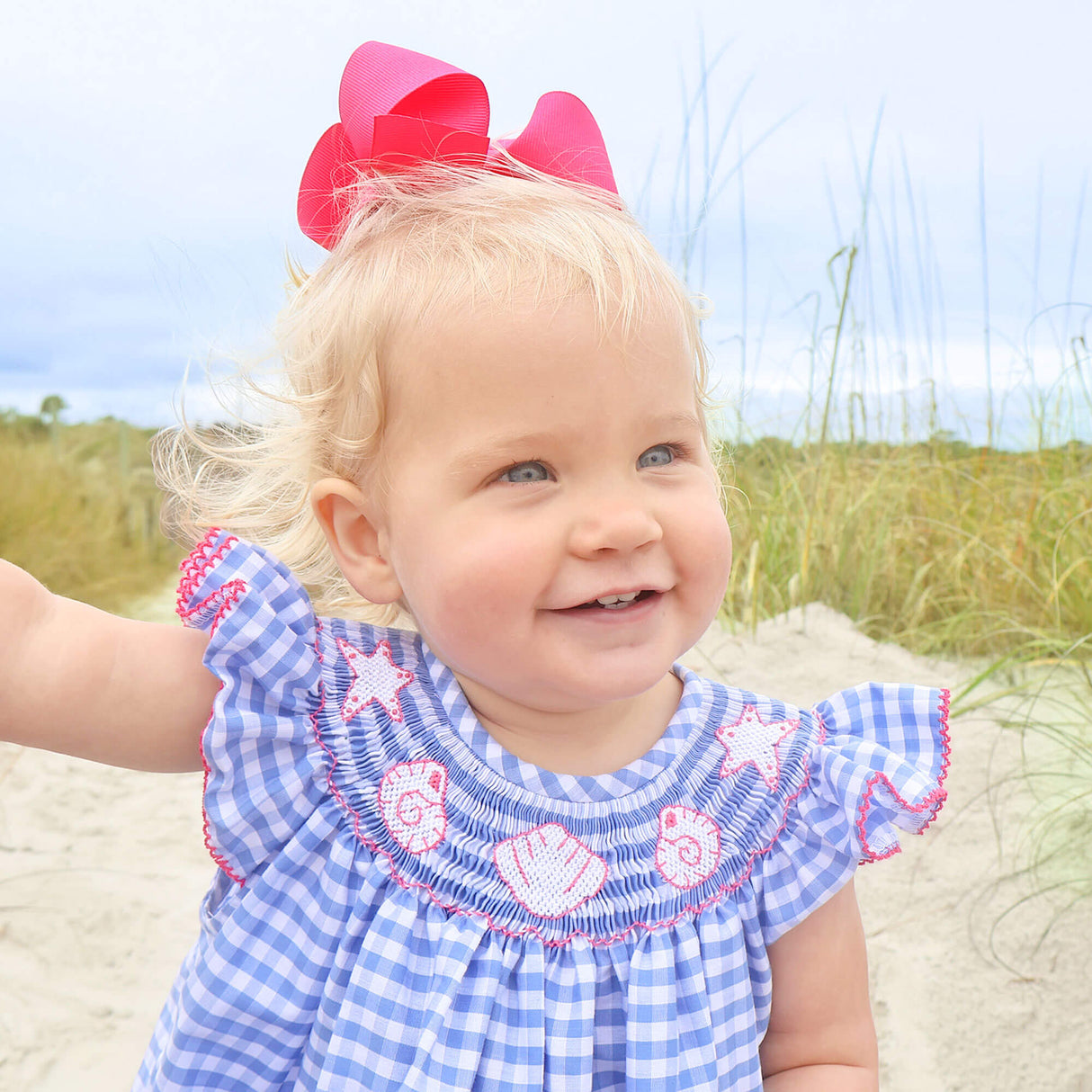 Seashells Paradise Smocked Blue Gingham Angel Sleeve Bubble