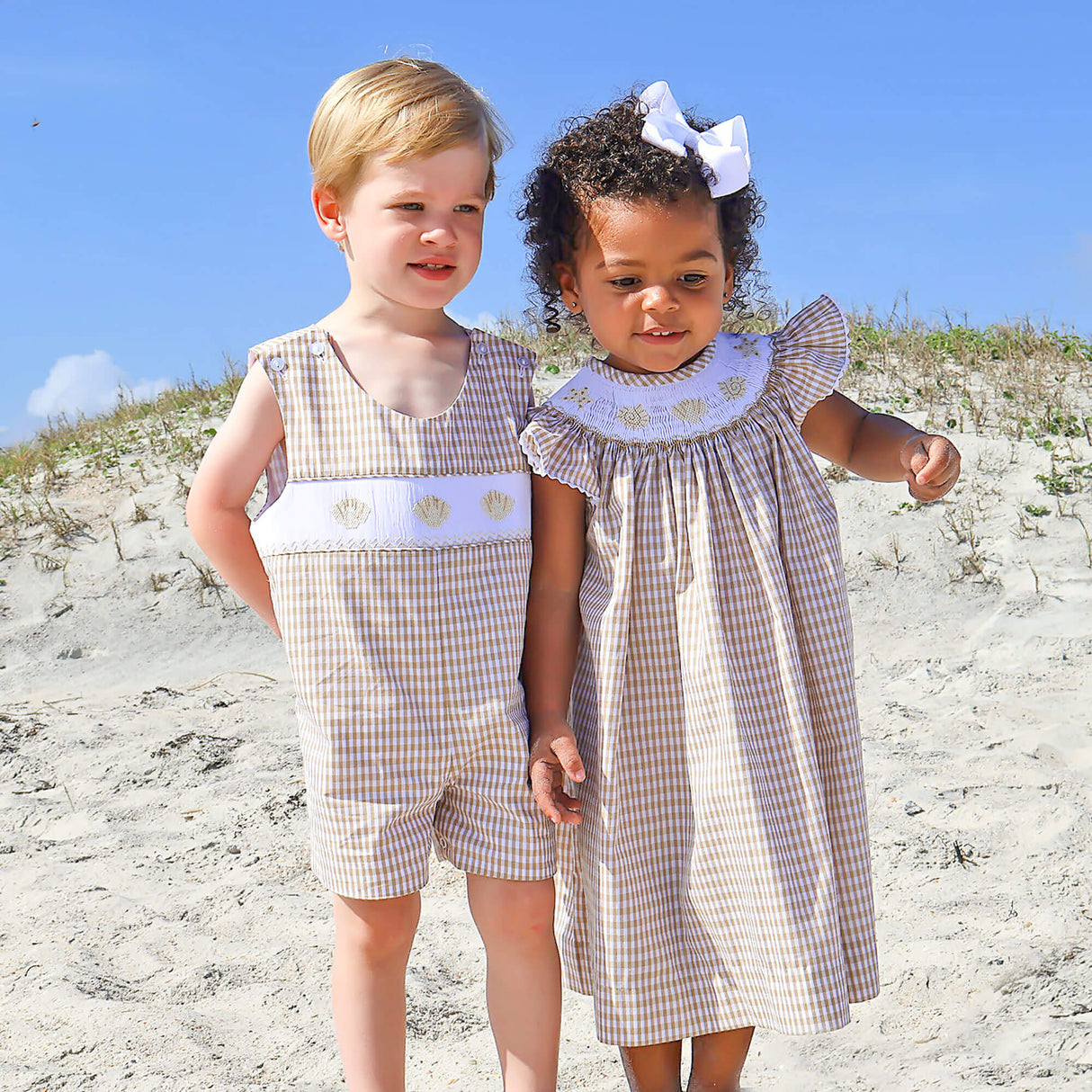Seashells Smocked Tan Gingham Dress