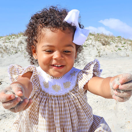 Seashells Smocked Tan Gingham Dress