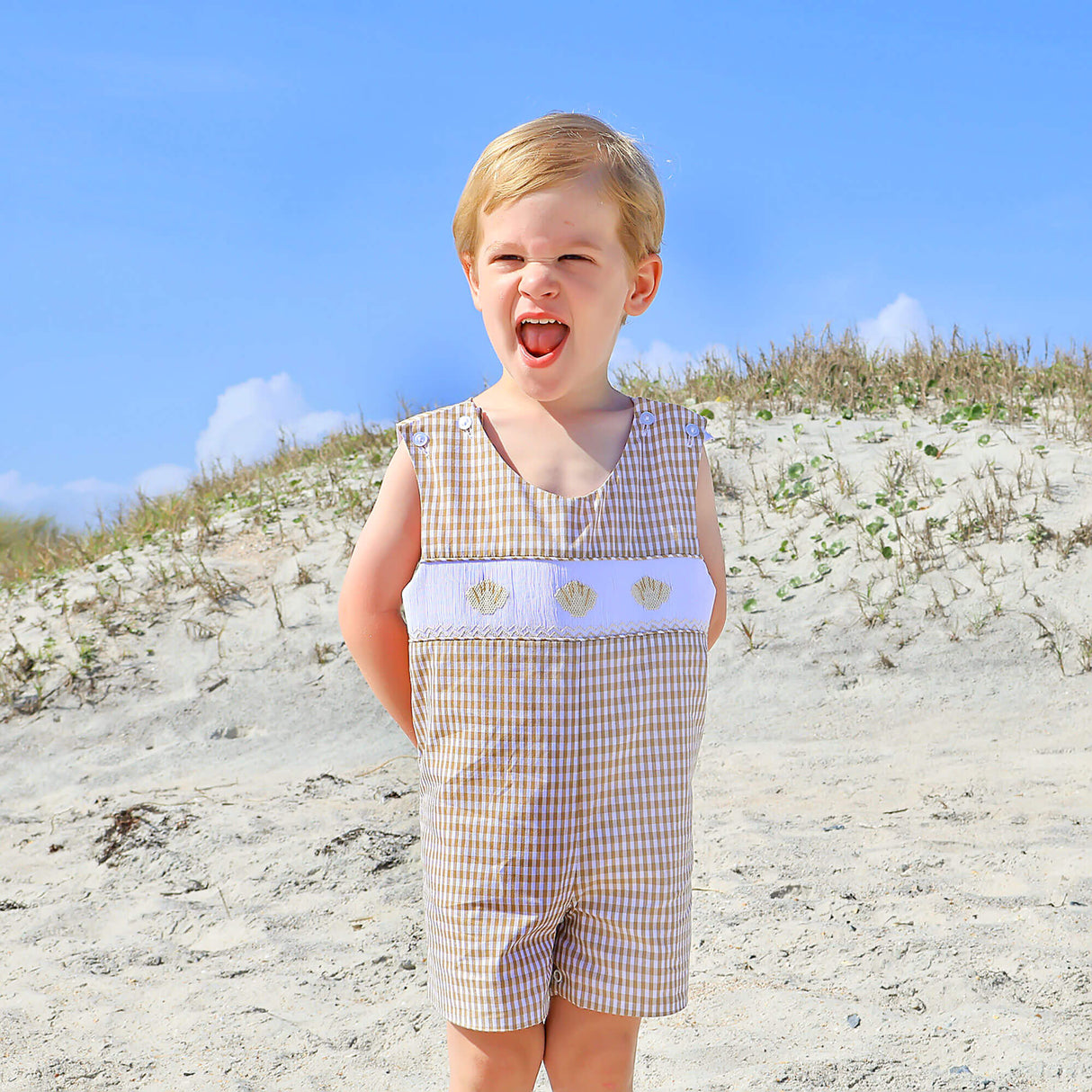 Seashells Smocked Tan Gingham Jon Jon