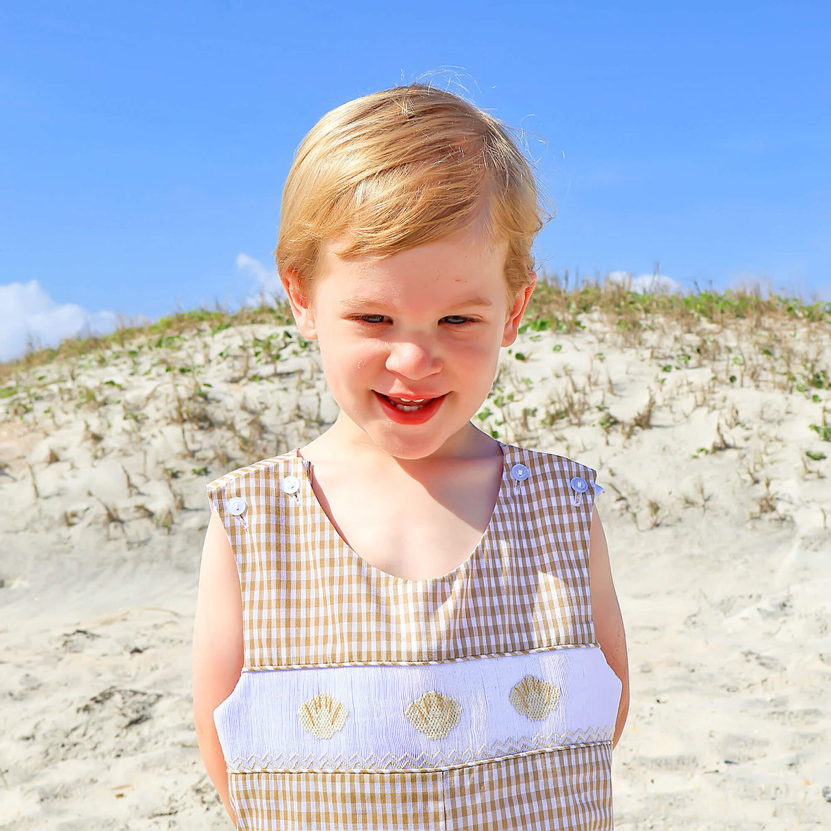 Seashells Smocked Tan Gingham Jon Jon