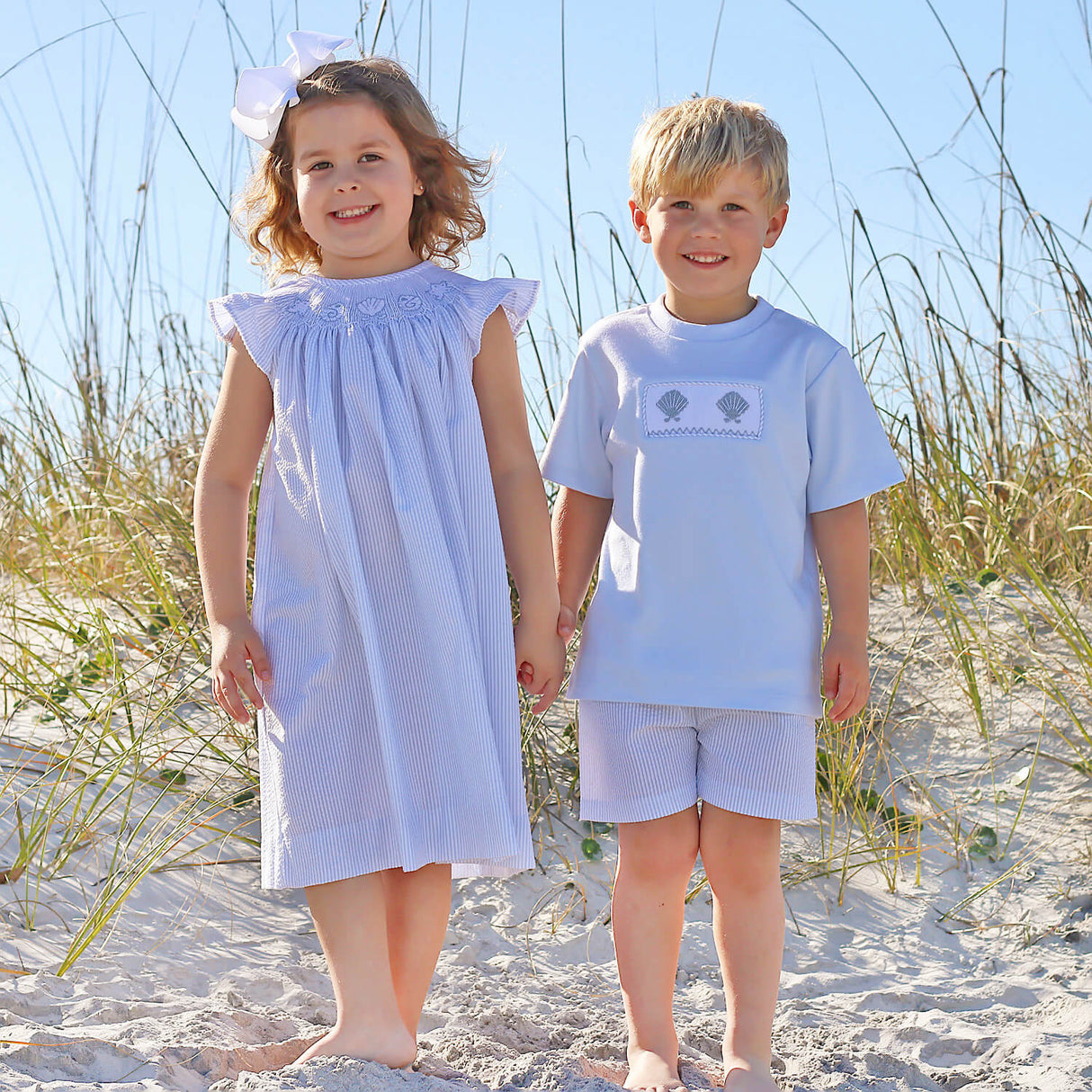 Seashell Treasure Blue Stripe Smocked Angel Sleeve Dress