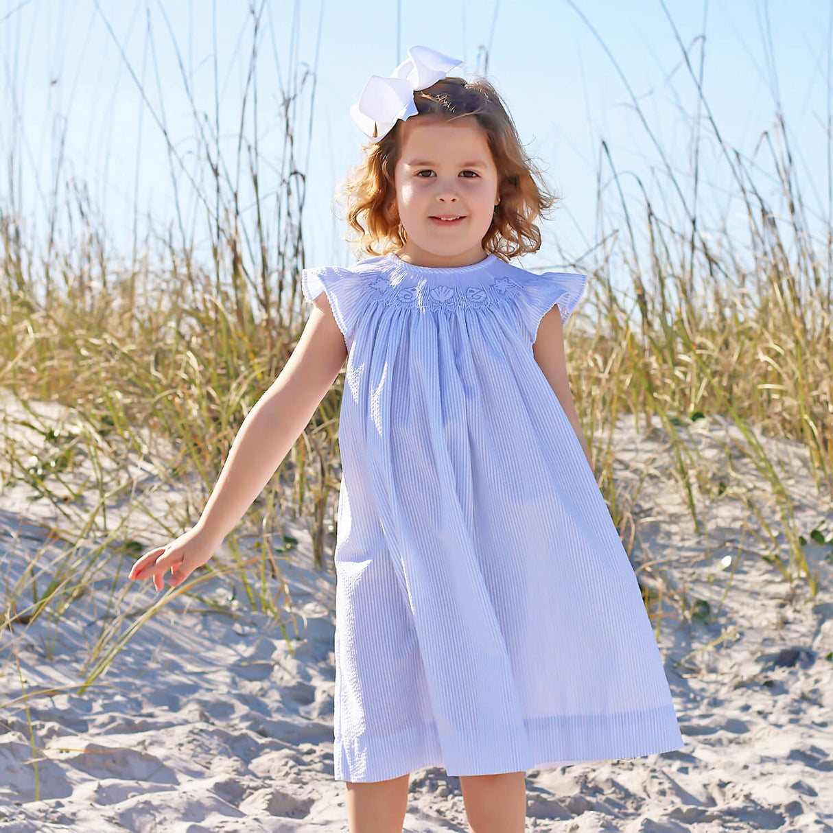 Seashell Treasure Blue Stripe Smocked Angel Sleeve Dress