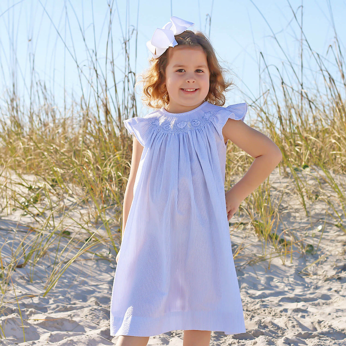 Seashell Treasure Blue Stripe Smocked Angel Sleeve Dress