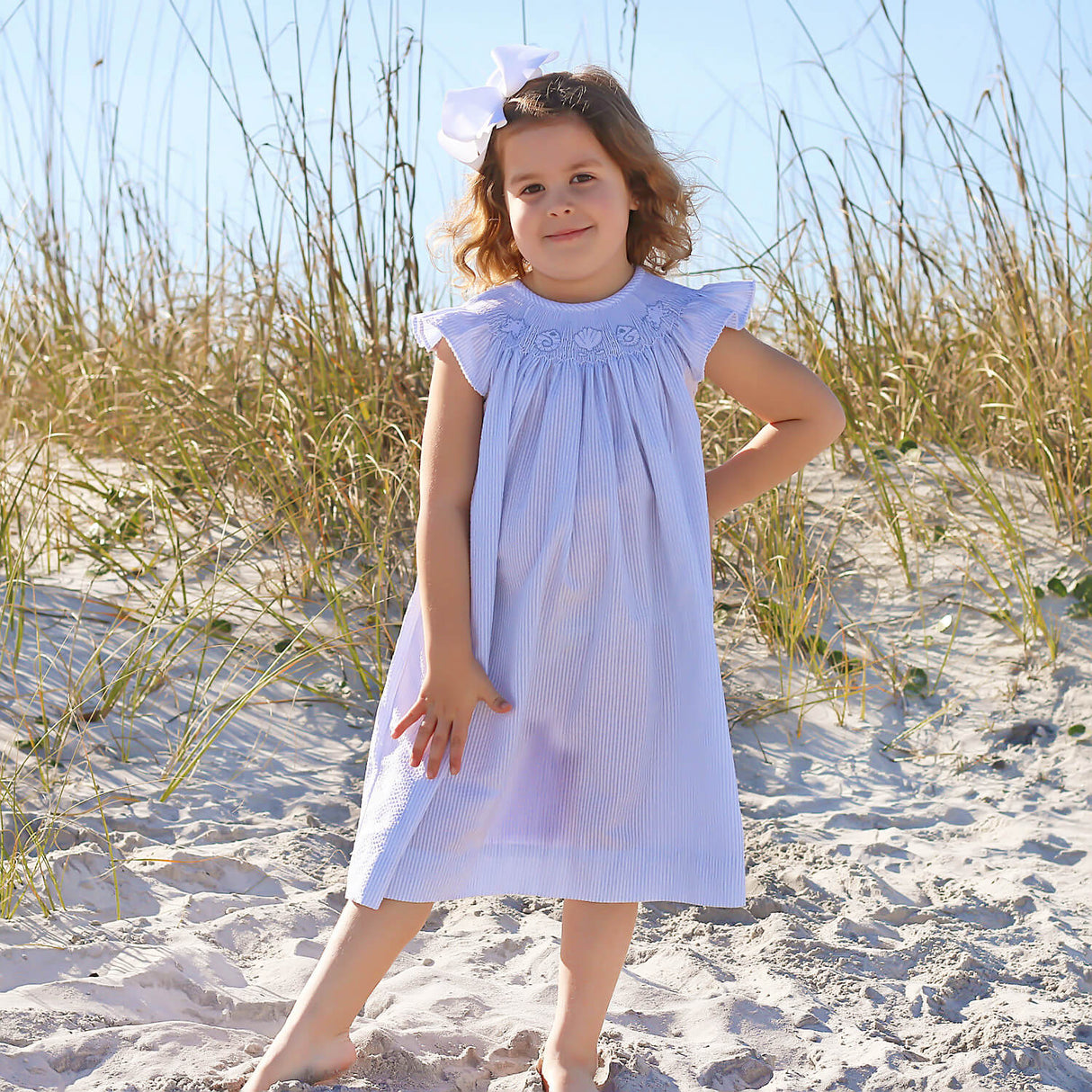 Seashell Treasure Blue Stripe Smocked Angel Sleeve Dress