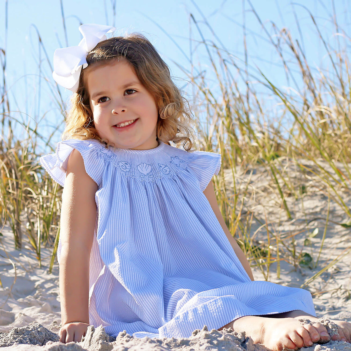 Seashell Treasure Blue Stripe Smocked Angel Sleeve Dress