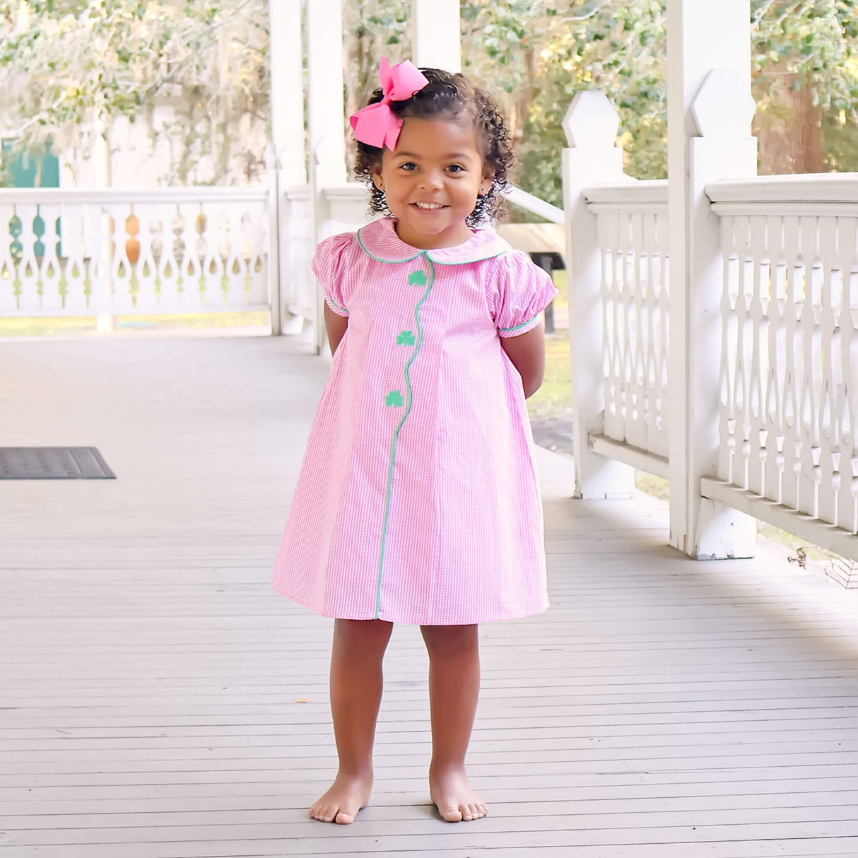 Shamrock Embroidered Pink Gingham Jane Dress
