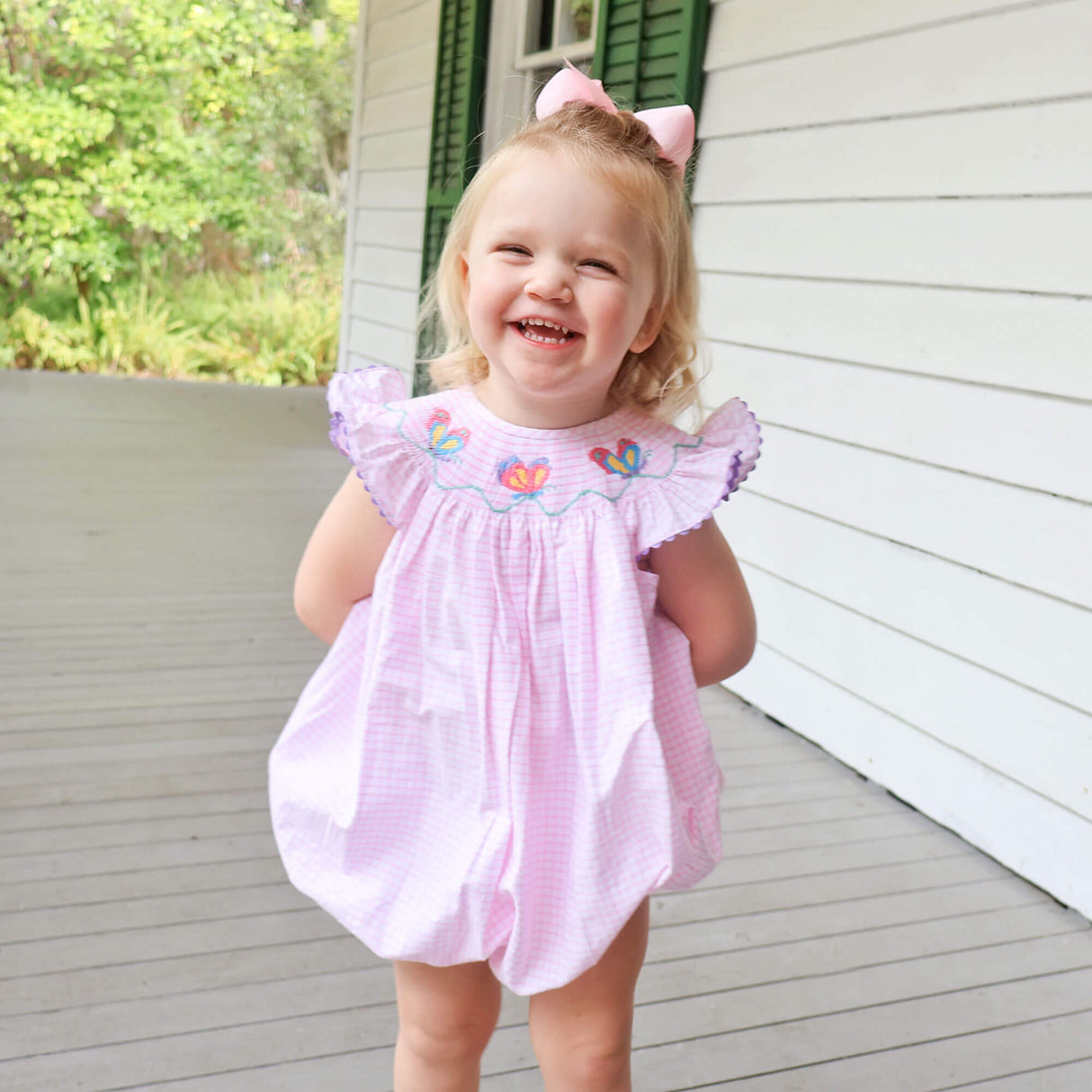 Butterfly Smocked Pink Windowpane Bubble