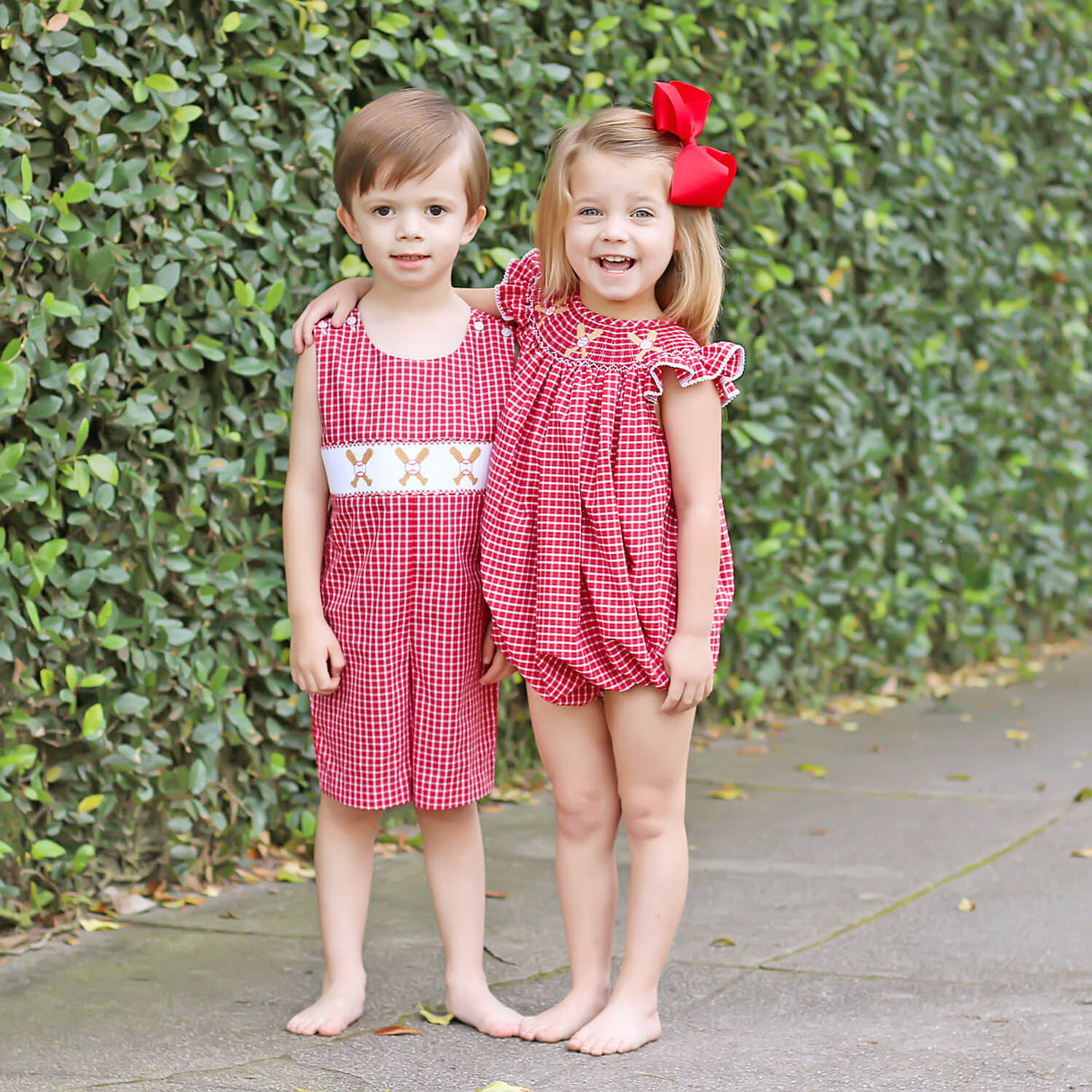 Baseball Smocked Red Plaid Bubble
