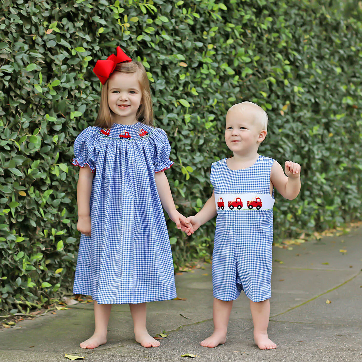 Fire Truck Blue Plaid Smocked Bishop Dress