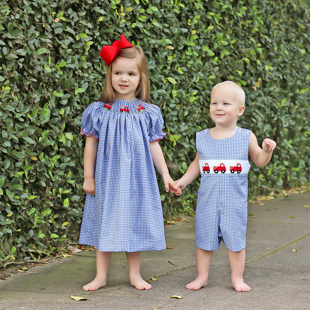 Fire Truck Blue Plaid Smocked Jon Jon
