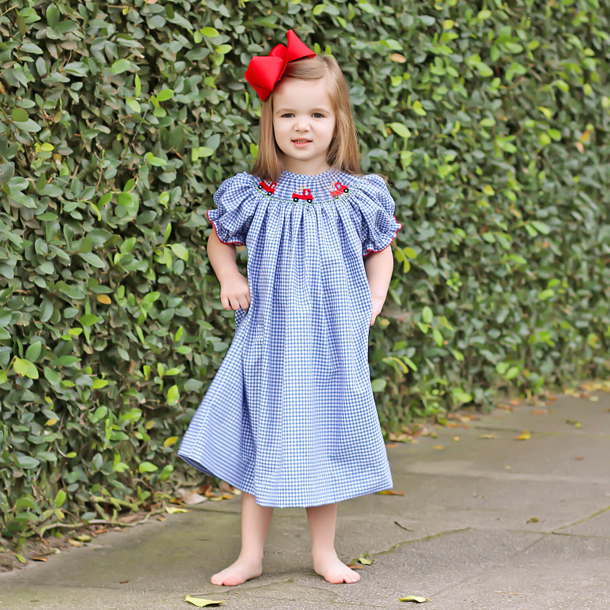 Fire Truck Blue Plaid Smocked Bishop Dress