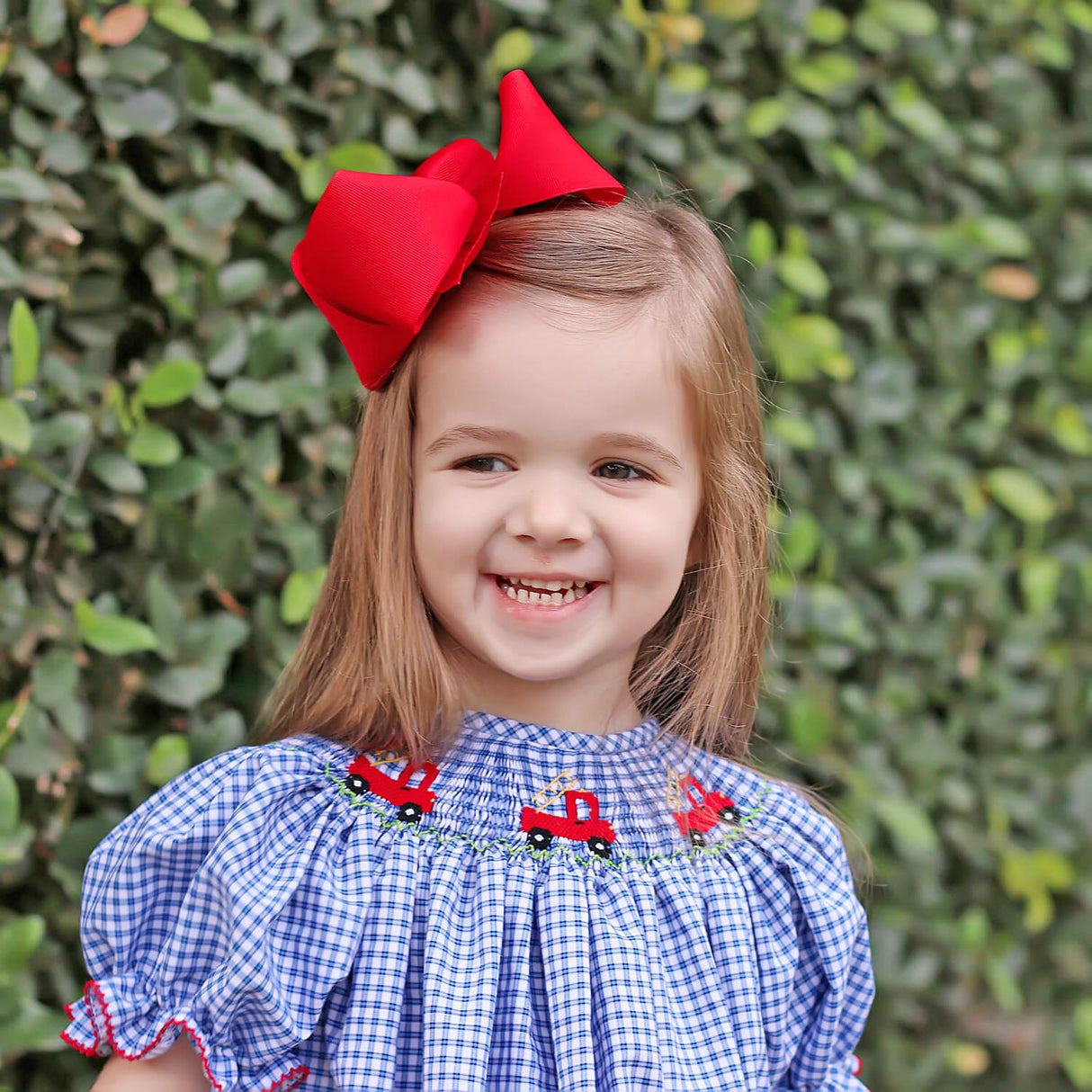 Fire Truck Blue Plaid Smocked Bishop Dress