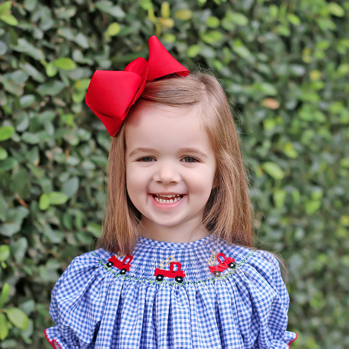 Fire Truck Blue Plaid Smocked Bishop Dress