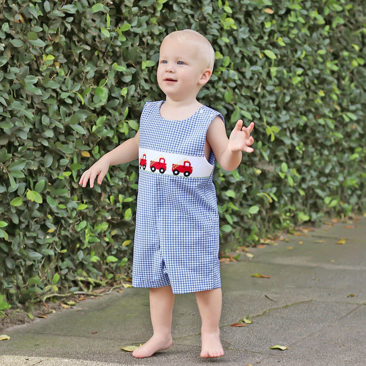 Fire Truck Blue Plaid Smocked Jon Jon