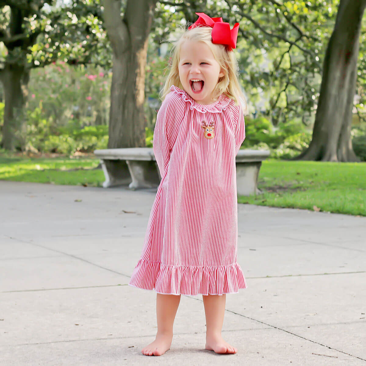 Rudolph Embroidered Red Stripe Nightgown