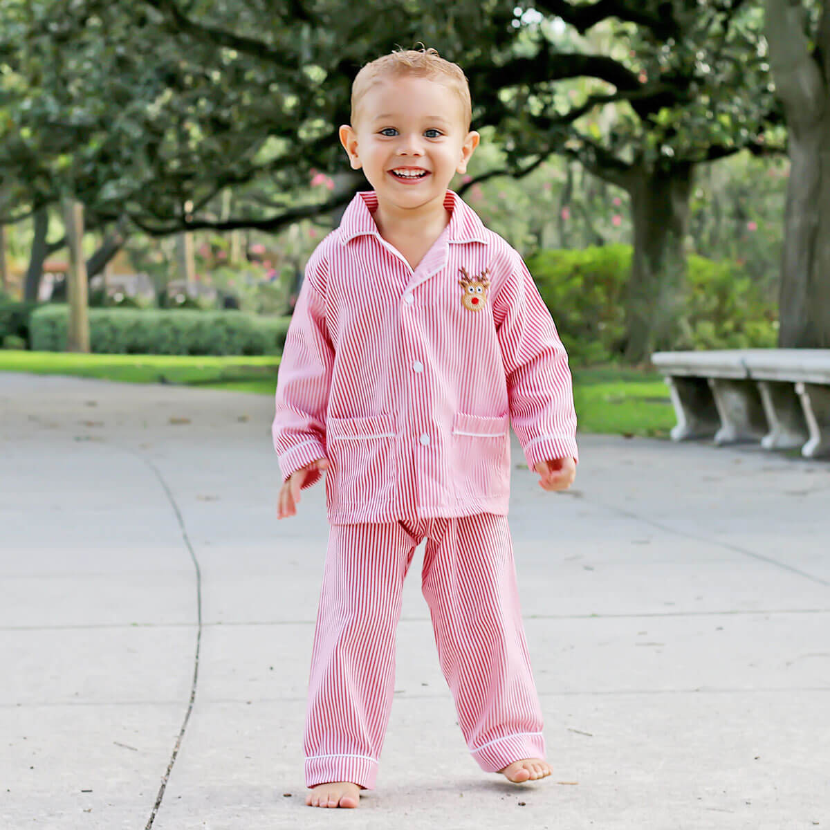 Rudolph Embroidered Red Stripe Pajamas