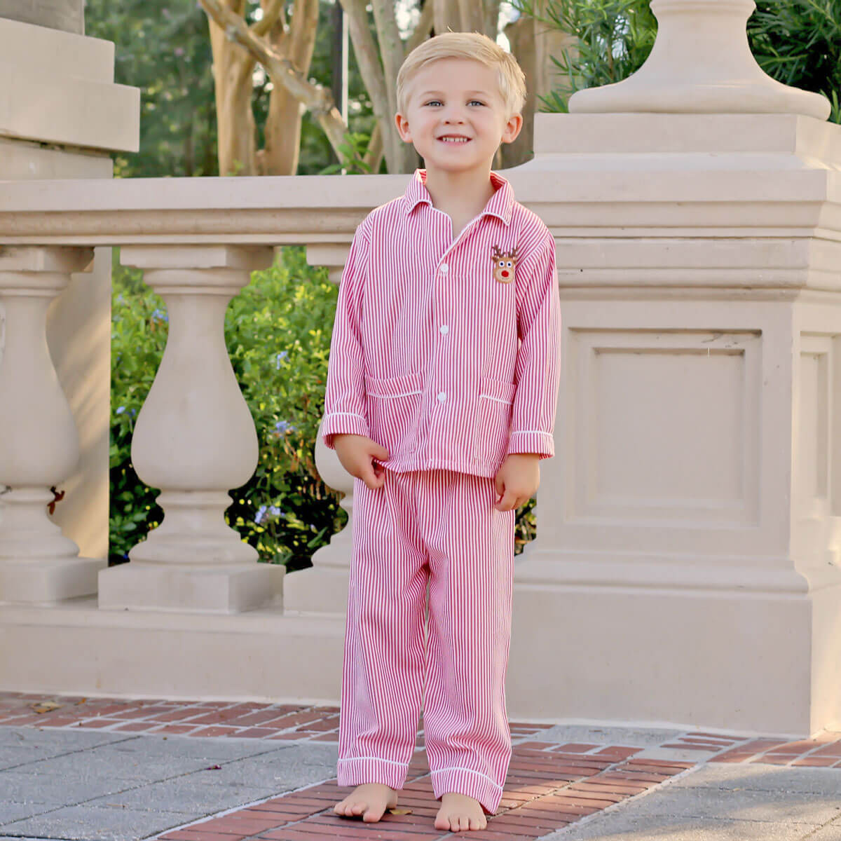 Rudolph Embroidered Red Stripe Pajamas