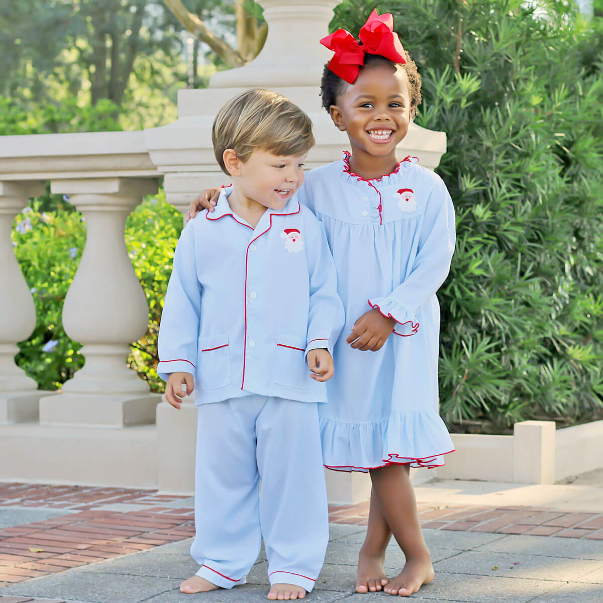 Santa Embroidered Long Sleeve Blue Nightgown
