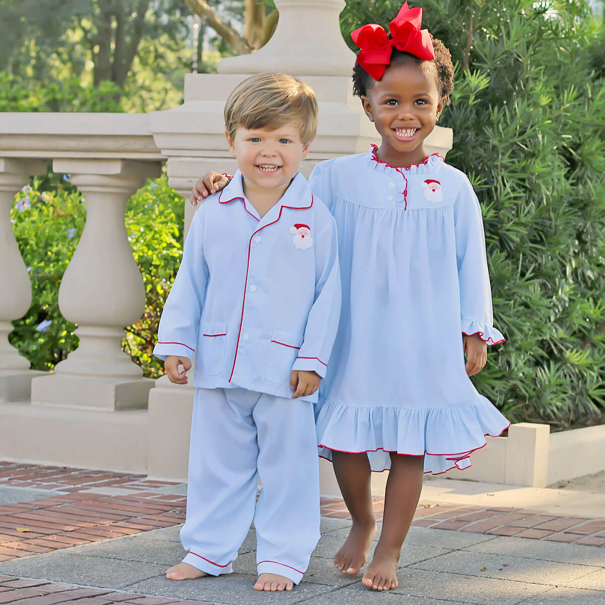 Santa Embroidered Long Sleeve Blue Nightgown