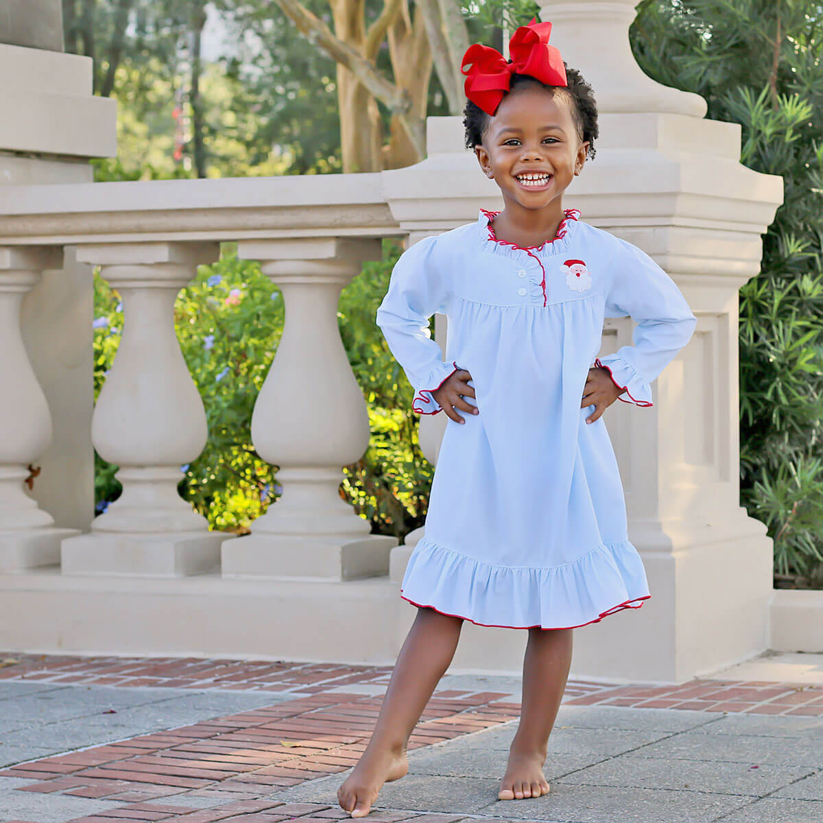 Santa Embroidered Long Sleeve Blue Nightgown