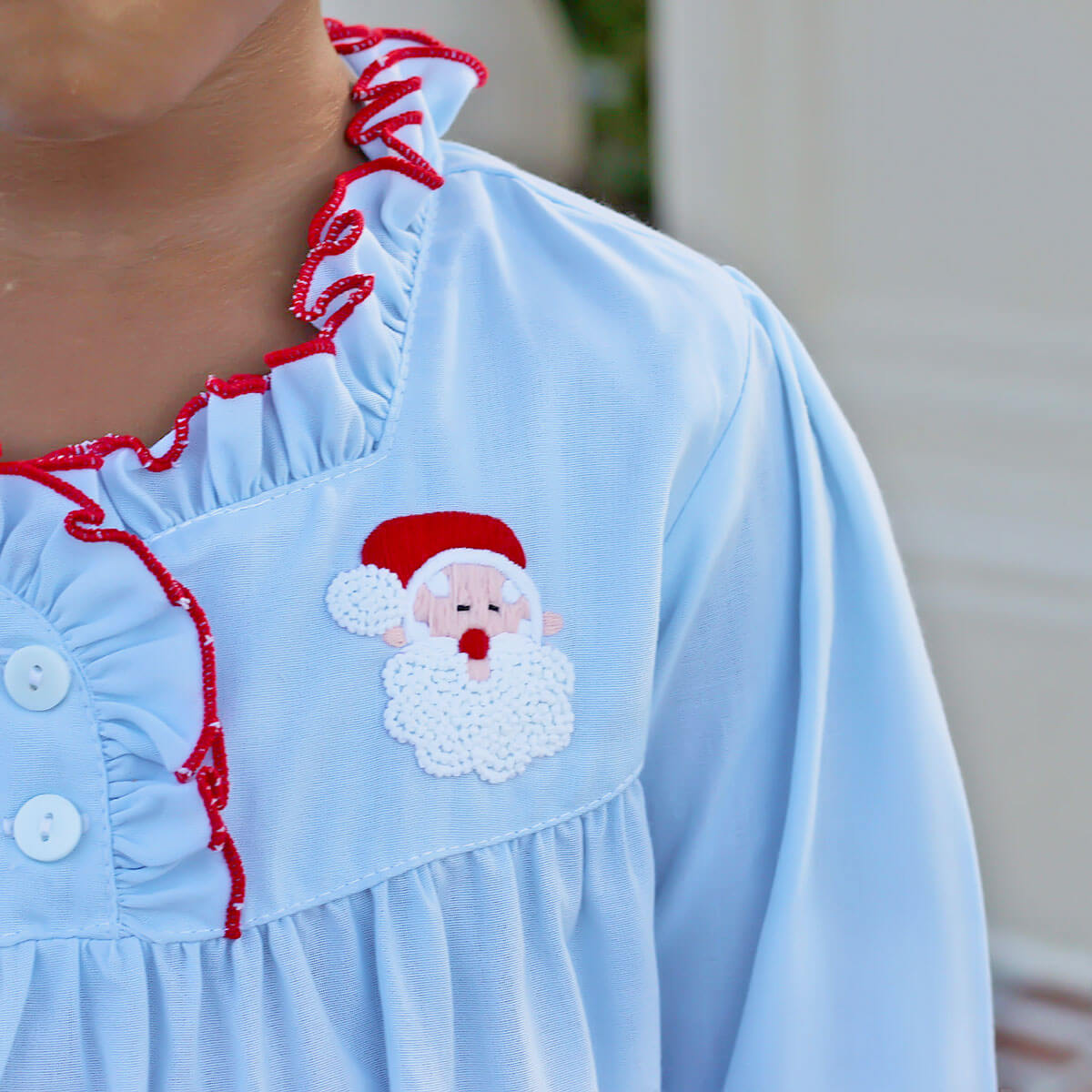 Santa Embroidered Long Sleeve Blue Nightgown