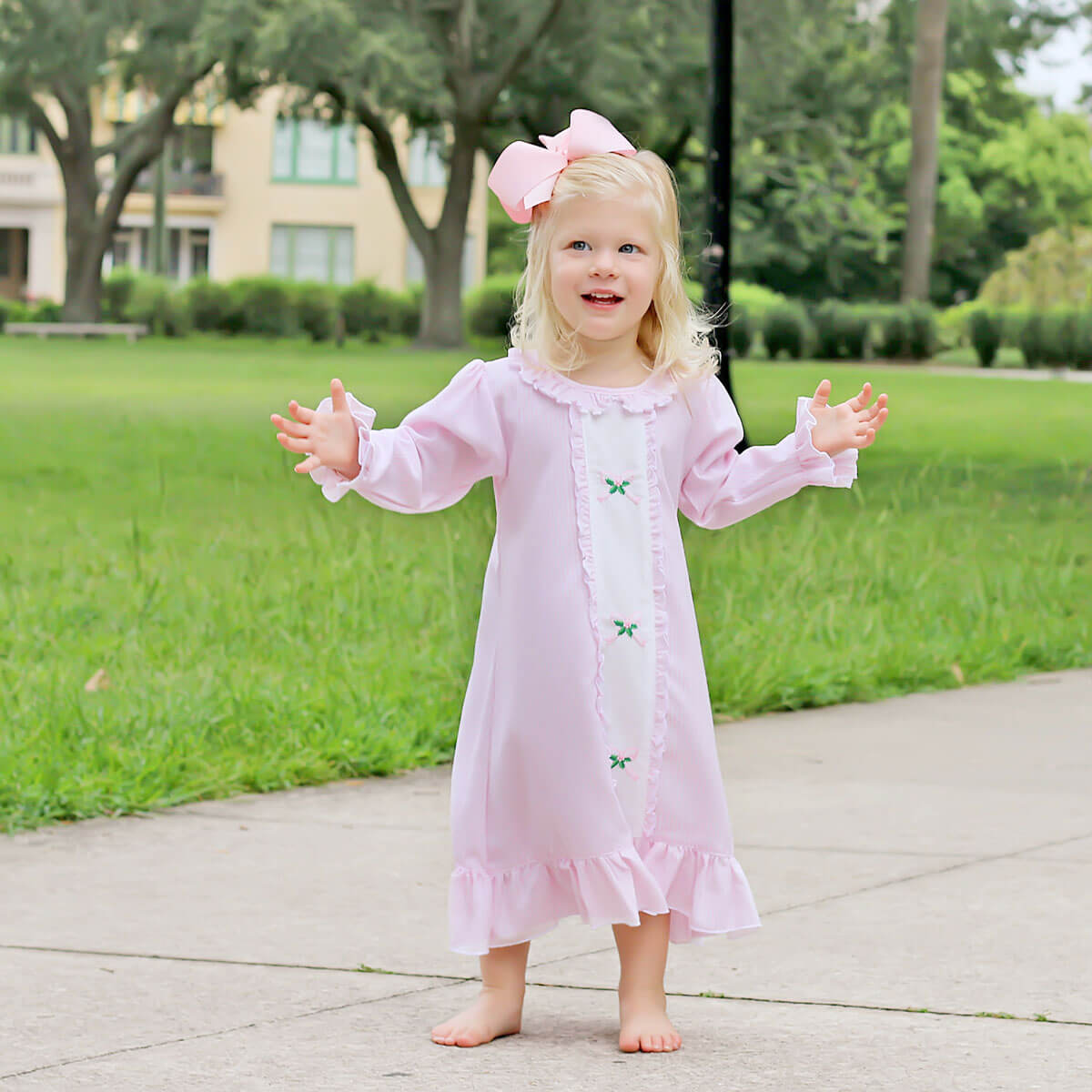 Embroidered Holly and Bow Pink Nightgown