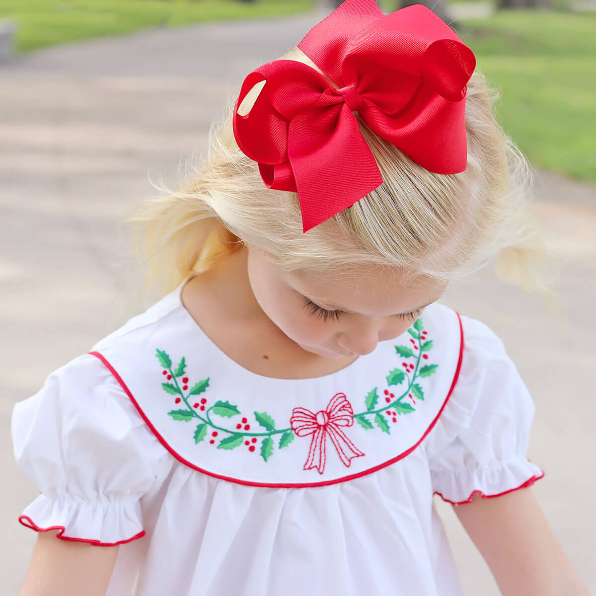 Embroidered Christmas Holly Bow Dress