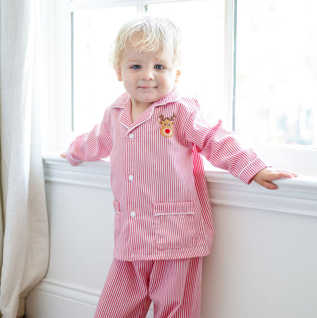 Rudolph Embroidered Red Stripe Pajamas