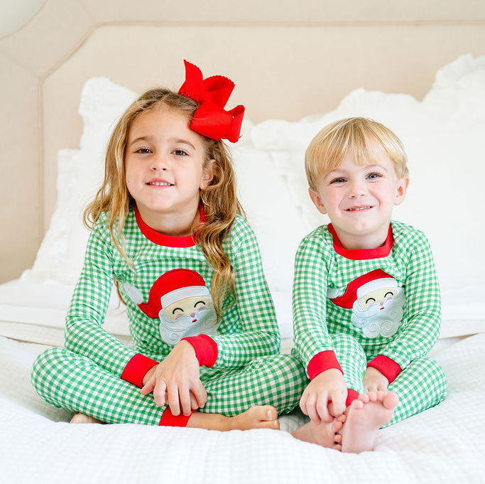 Happy Santa Green Gingham Pajamas