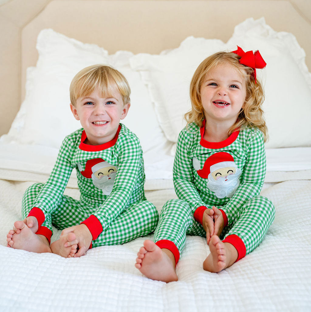 Happy Santa Green Gingham Pajamas