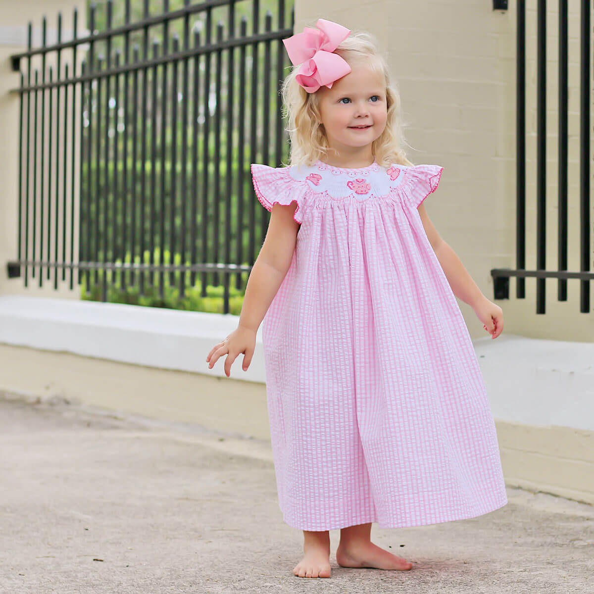 Tea Party Smocked Pink Seersucker Dress