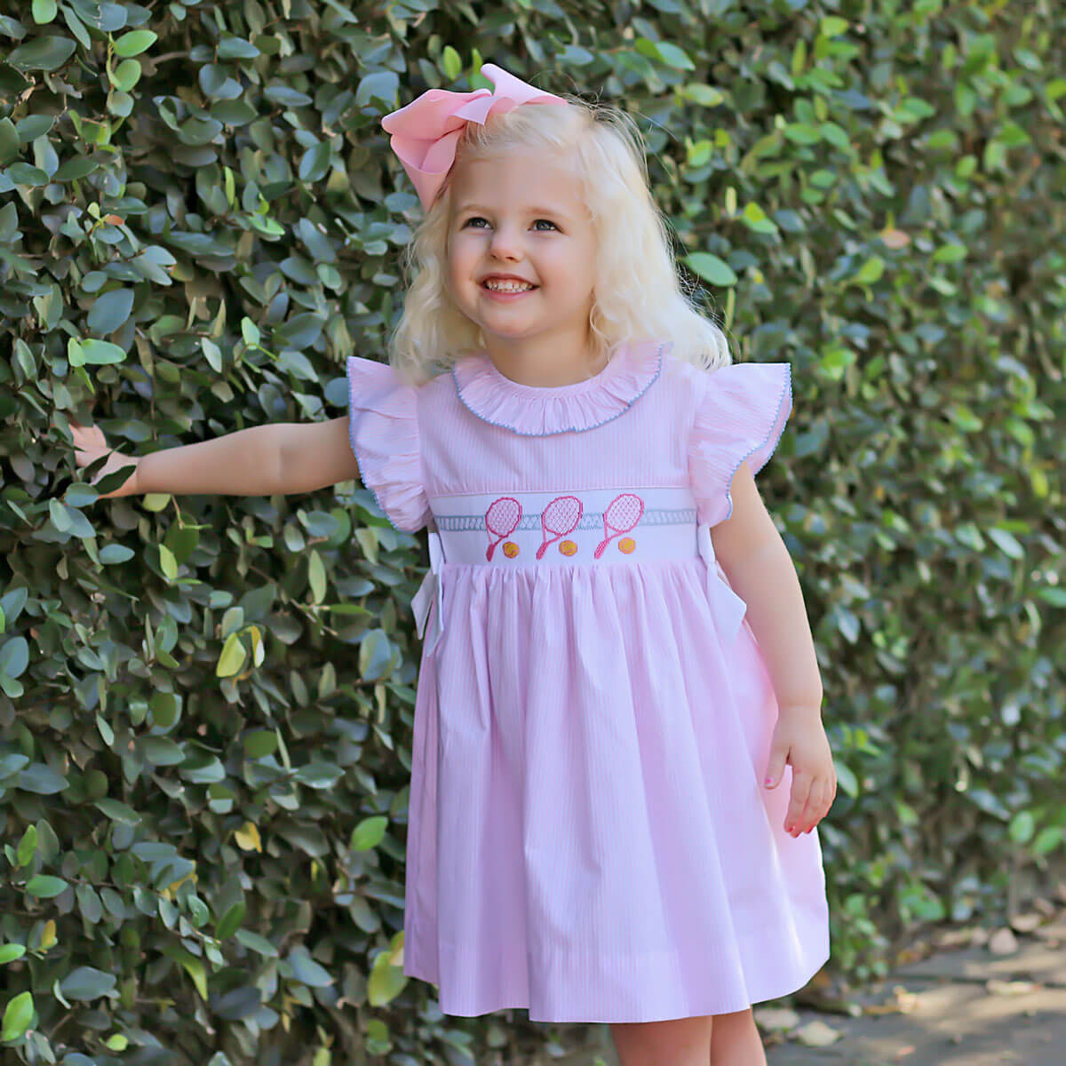 Tennis Racquet Pink Stripe Smocked Beverly Dress