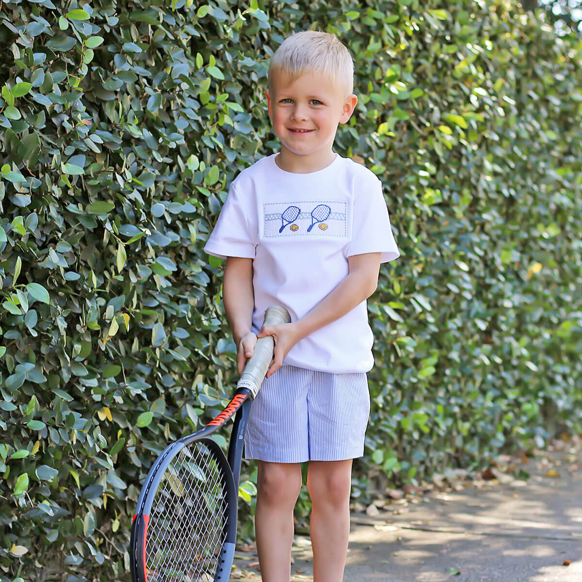 Tennis Racquet Blue Stripe Stripe Smocked Short Set