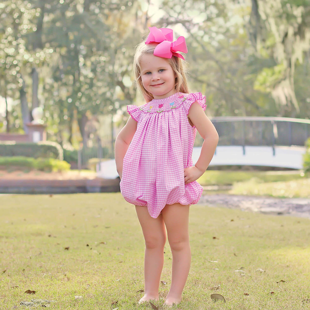 Tulip Season Pink Gingham Smocked Bubble