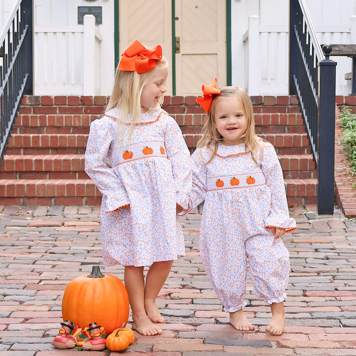 Pumpkin Smocked Blue Floral Ruffle Collared Dress