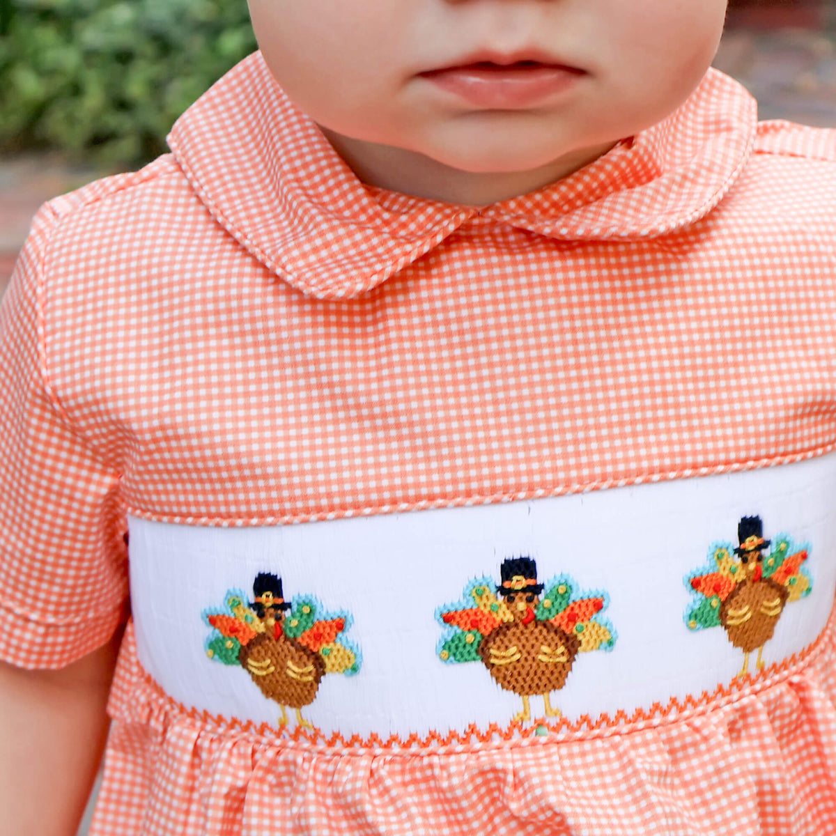 Gobble Up Smocked Orange Micro Gingham Collared Bubble