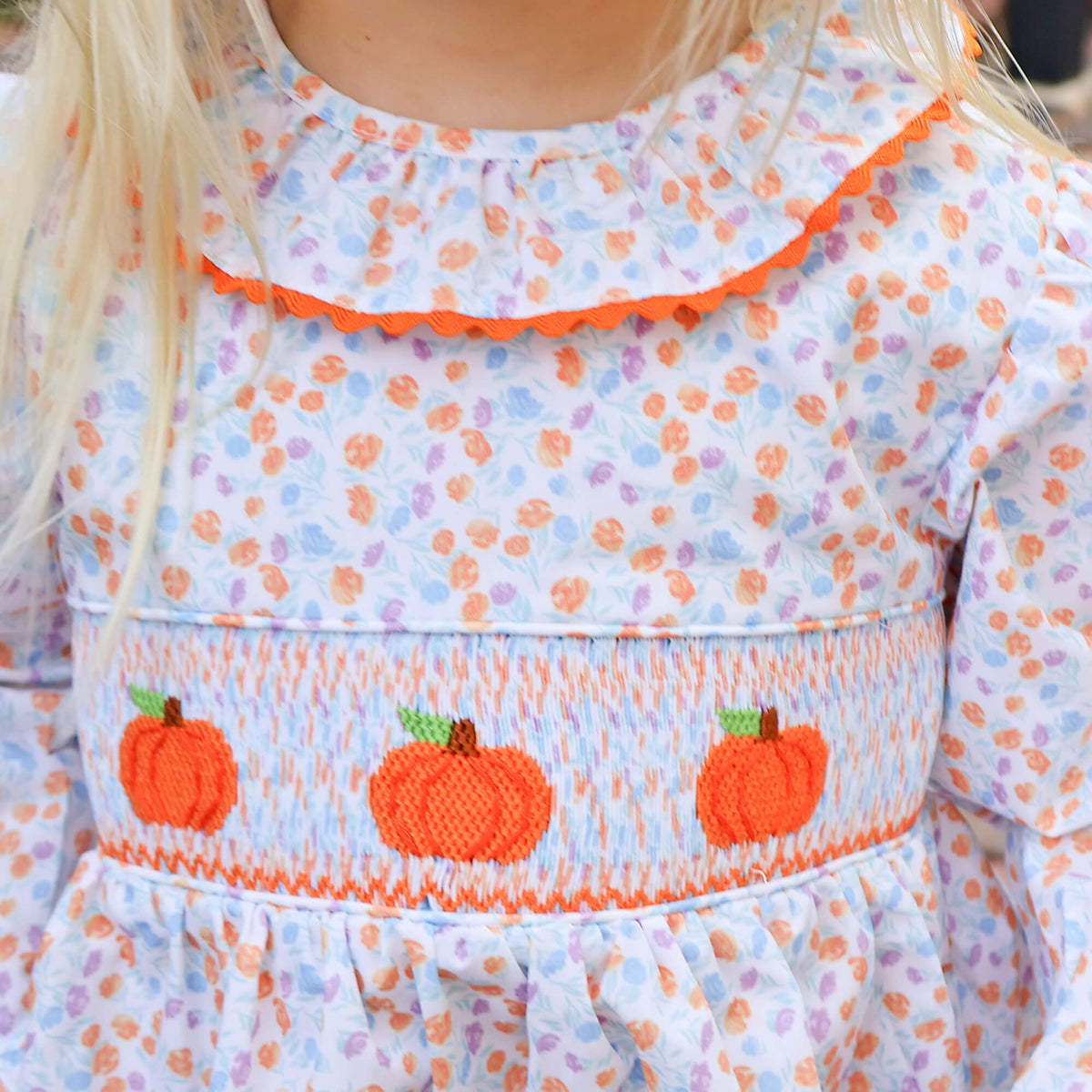 Pumpkin Smocked Blue Floral Ruffle Collared Dress