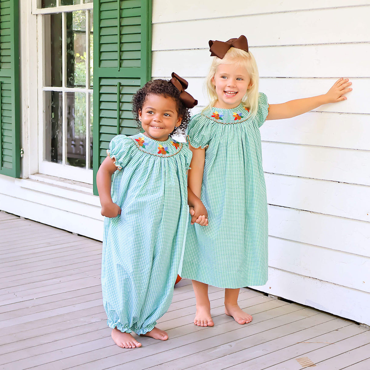 Fall Turkey Smocked Green Windowpane Bishop Dress