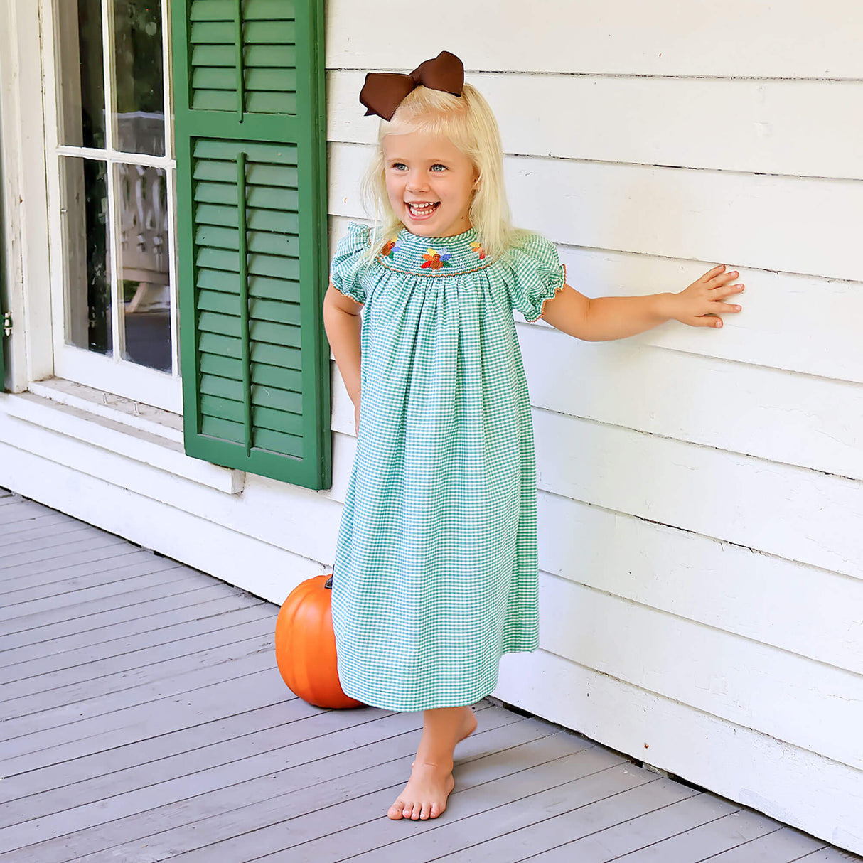 Fall Turkey Smocked Green Windowpane Bishop Dress