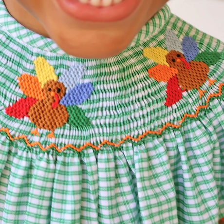 Fall Turkey Smocked Green Windowpane Long Bubble