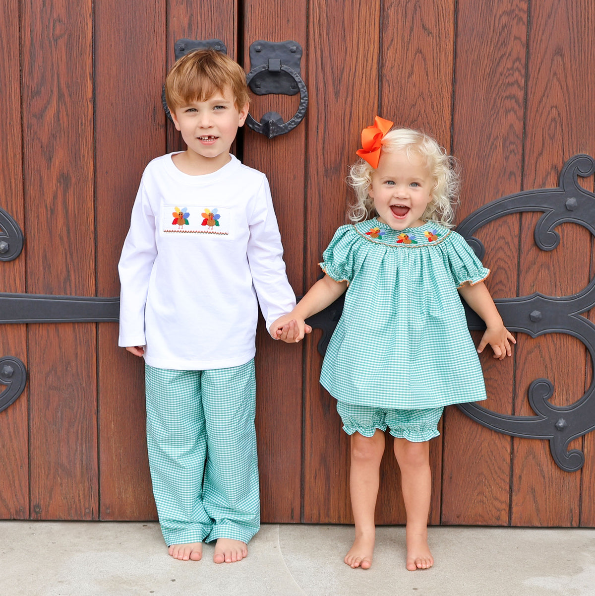 Fall Turkey Smocked Green Windowpane Pant Set